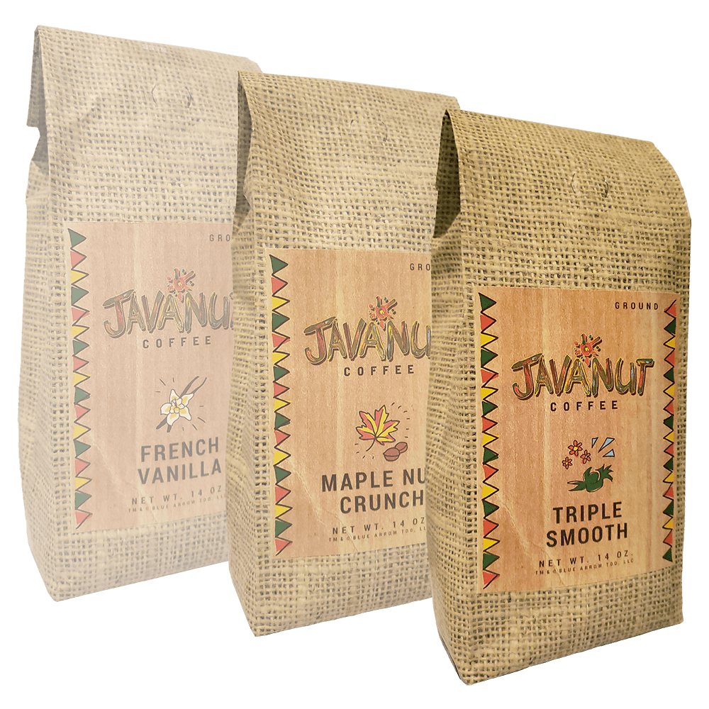 Three bags of Javanut Coffee, with the flavors Triple Smooth, Maple Nute Crunch, and French Vanilla